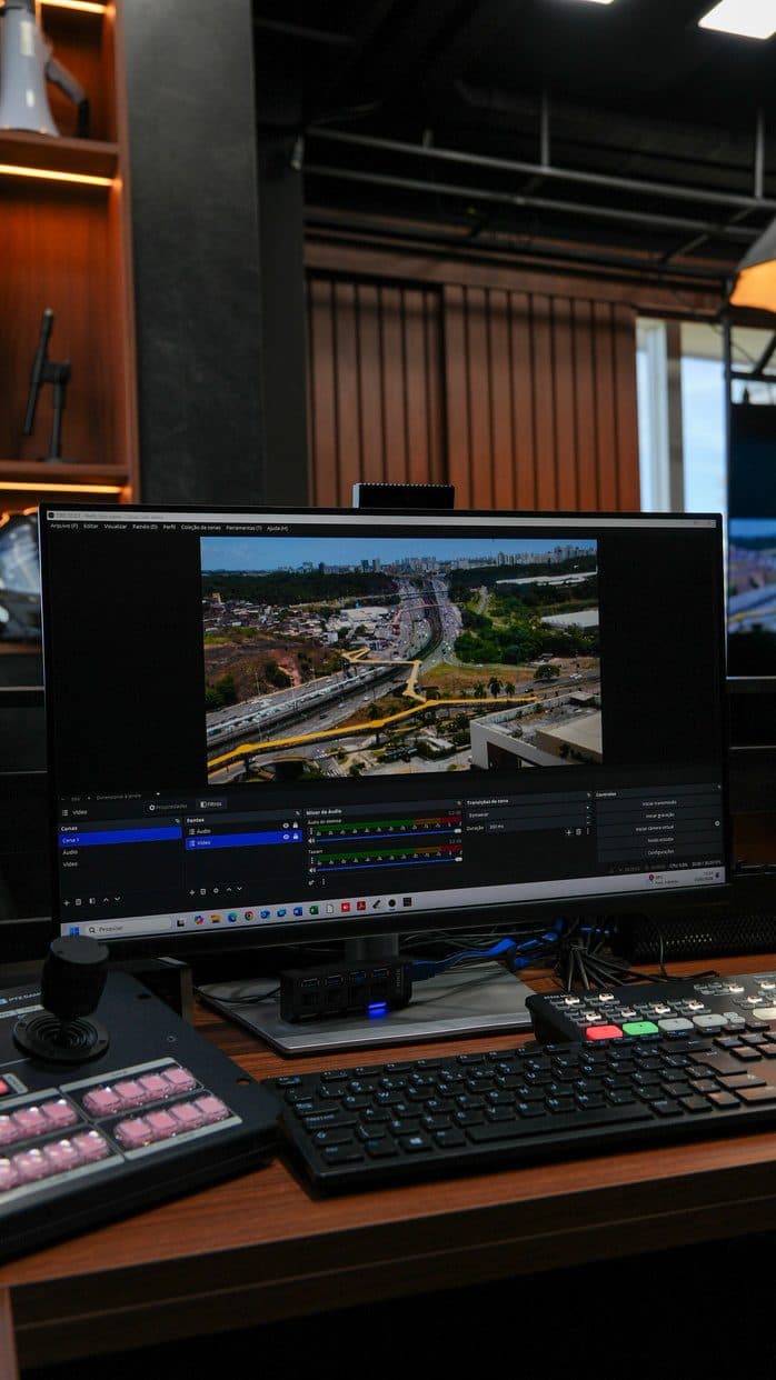 Ilha de edição com monitor exibindo linha do tempo e mesa de corte