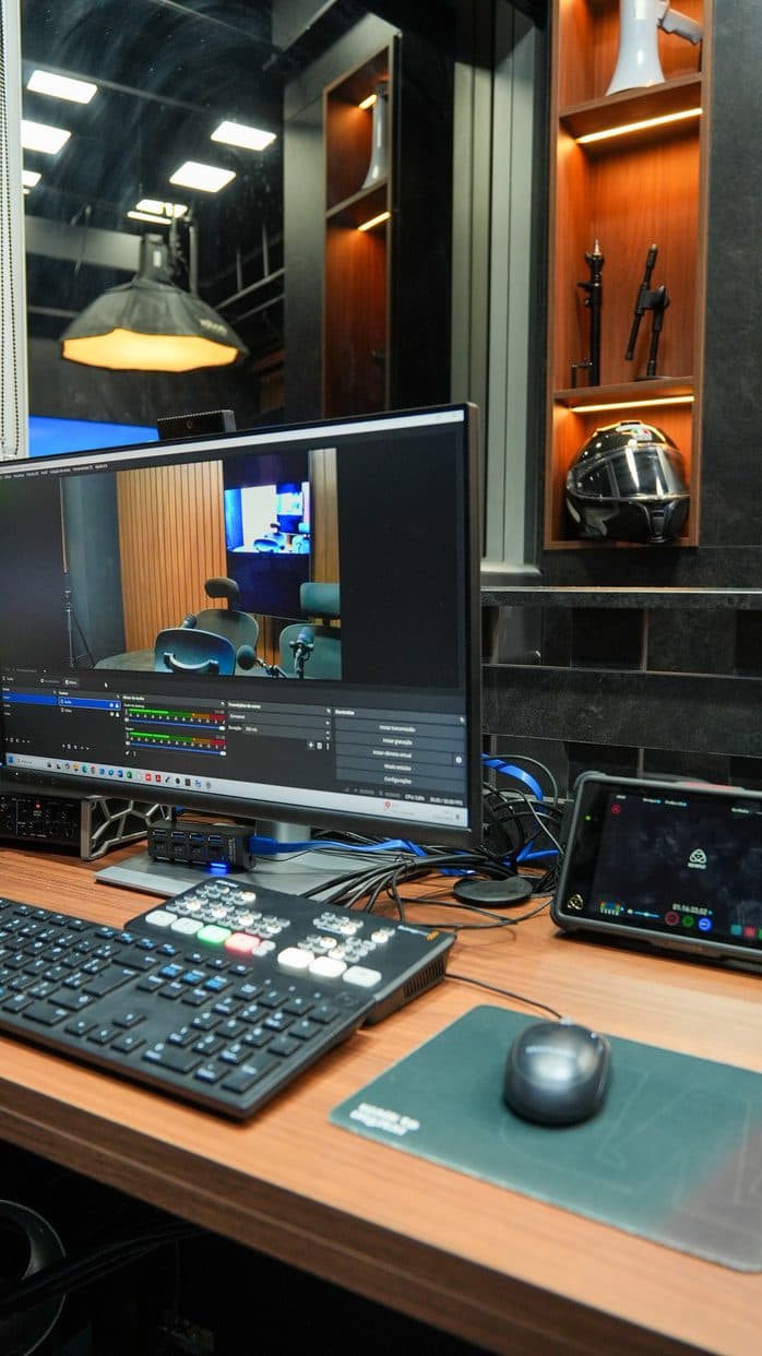 Bancada de direção com monitores e mesa de corte durante a edição